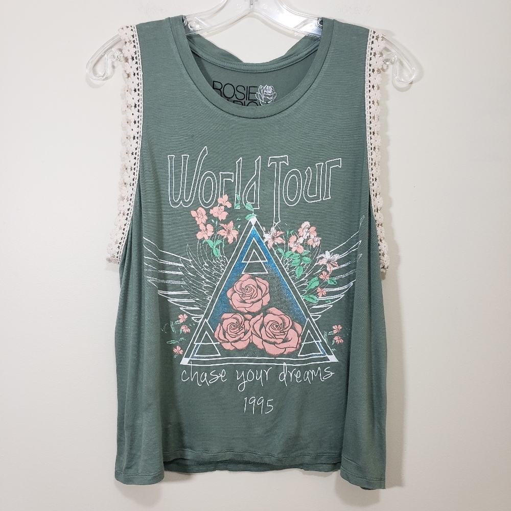 Rose Harlow World tour chase your dreams 1995 crochet trim sleeveless‎ shirt Lrg